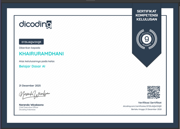 Dicoding certificate — Belajar Dasar AI