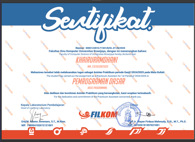Teaching Assistant certificate — Basic Programming, FILKOM UB
