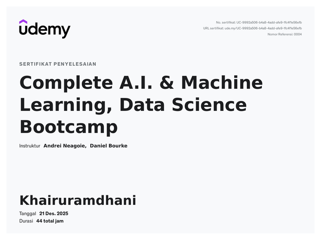 Udemy certificate — Complete A.I. & Machine Learning, Data Science Bootcamp