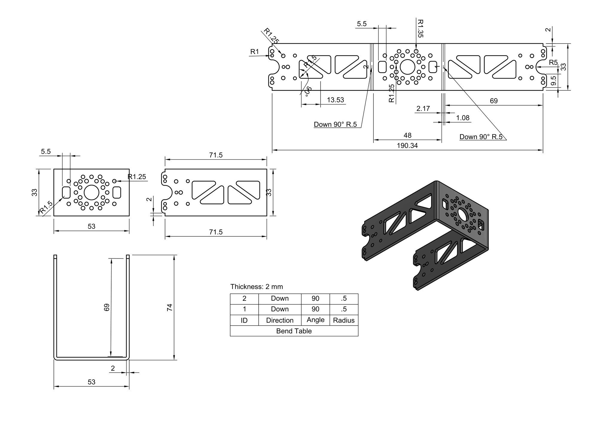 Tempat Servo Besar 2 — servo mount technical drawing, orthographic views and isometric render